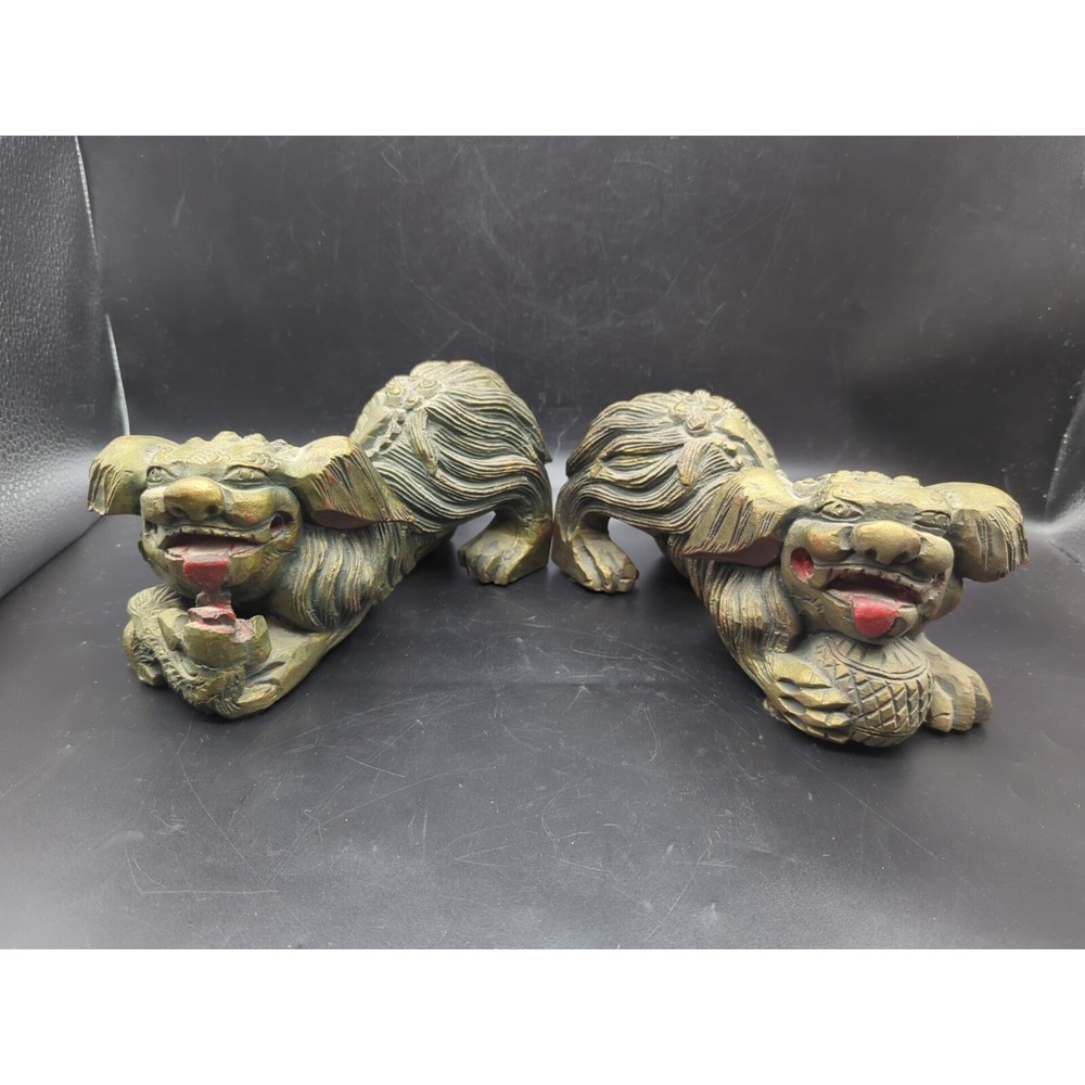 Pair of Vintage Chinese Gold Gilt Wood Carved Foo Dogs - Picture 2 of 11